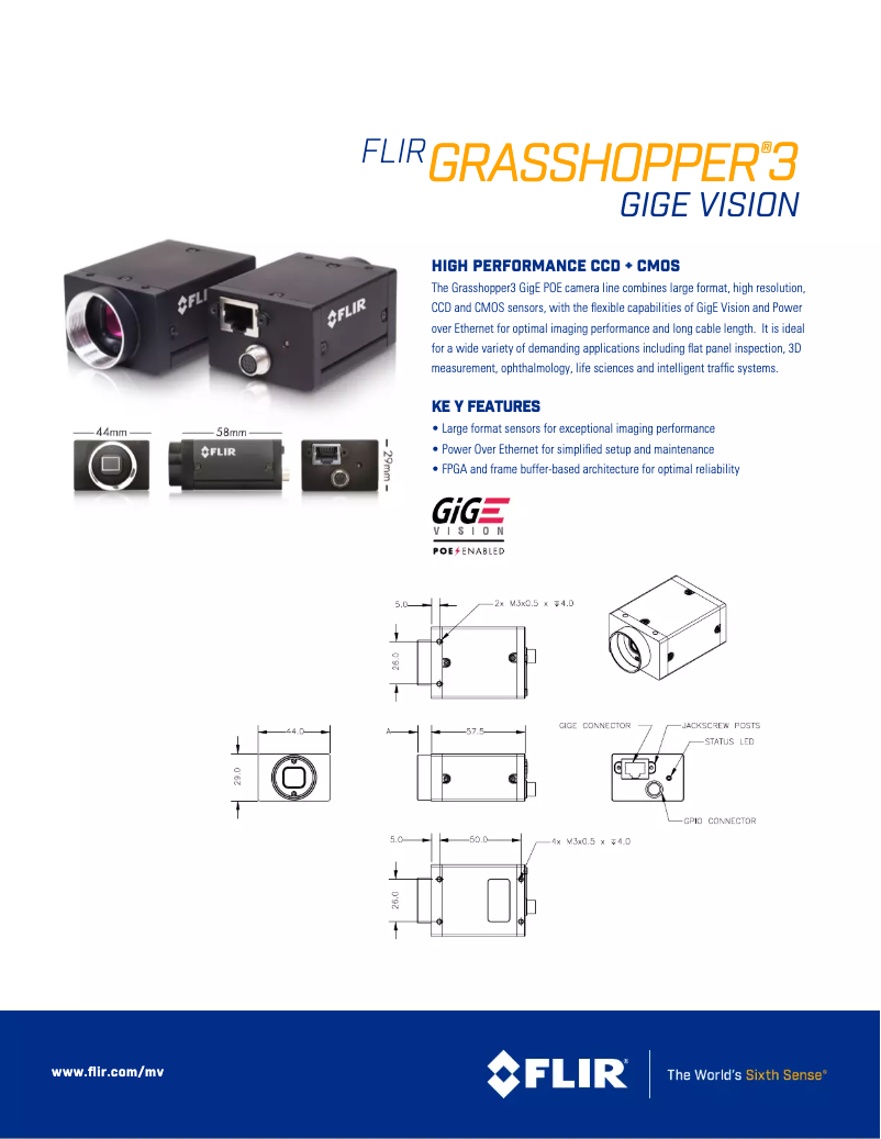 Page 1 de la notice Fiche technique FLIR Grasshopper3