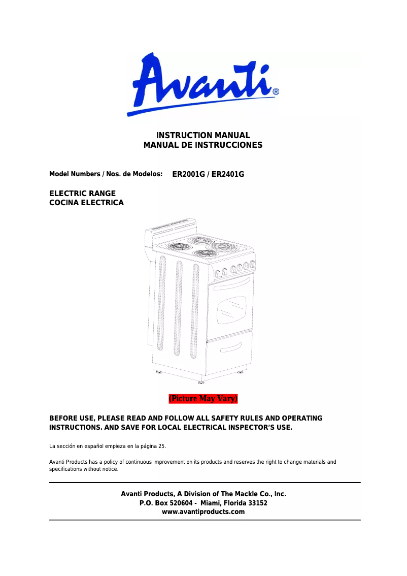 Page 1 de la notice Manuel utilisateur Avanti ER2401G