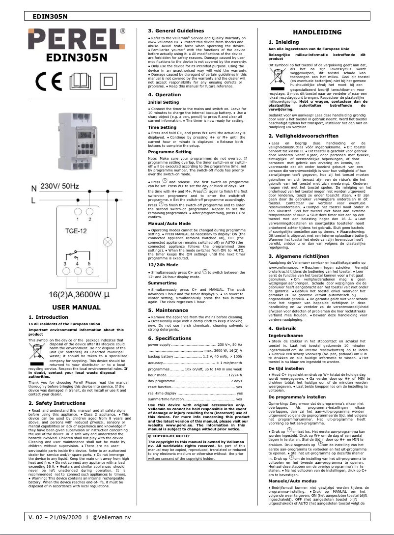 Page 1 de la notice Manuel utilisateur Perel EDIN305N