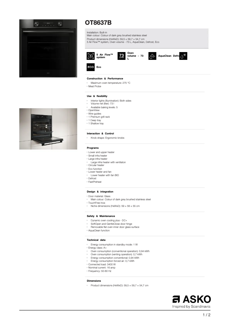 Page 1 de la notice Fiche technique Asko OT8637B