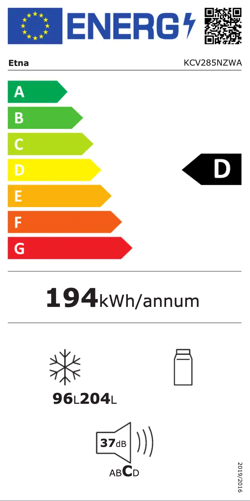Page n°1 - Label énergétique Etna KCV285NZWA