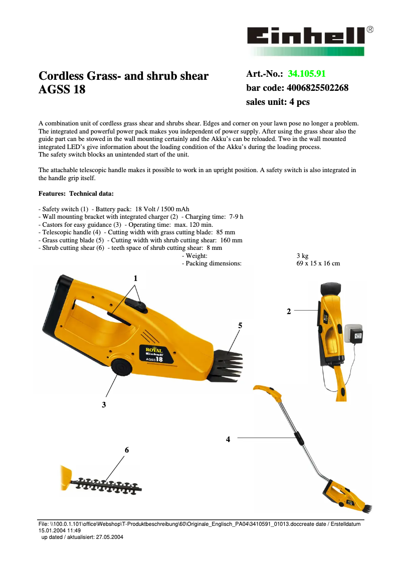Page n°1 - Fiche technique Einhell AGSS 18