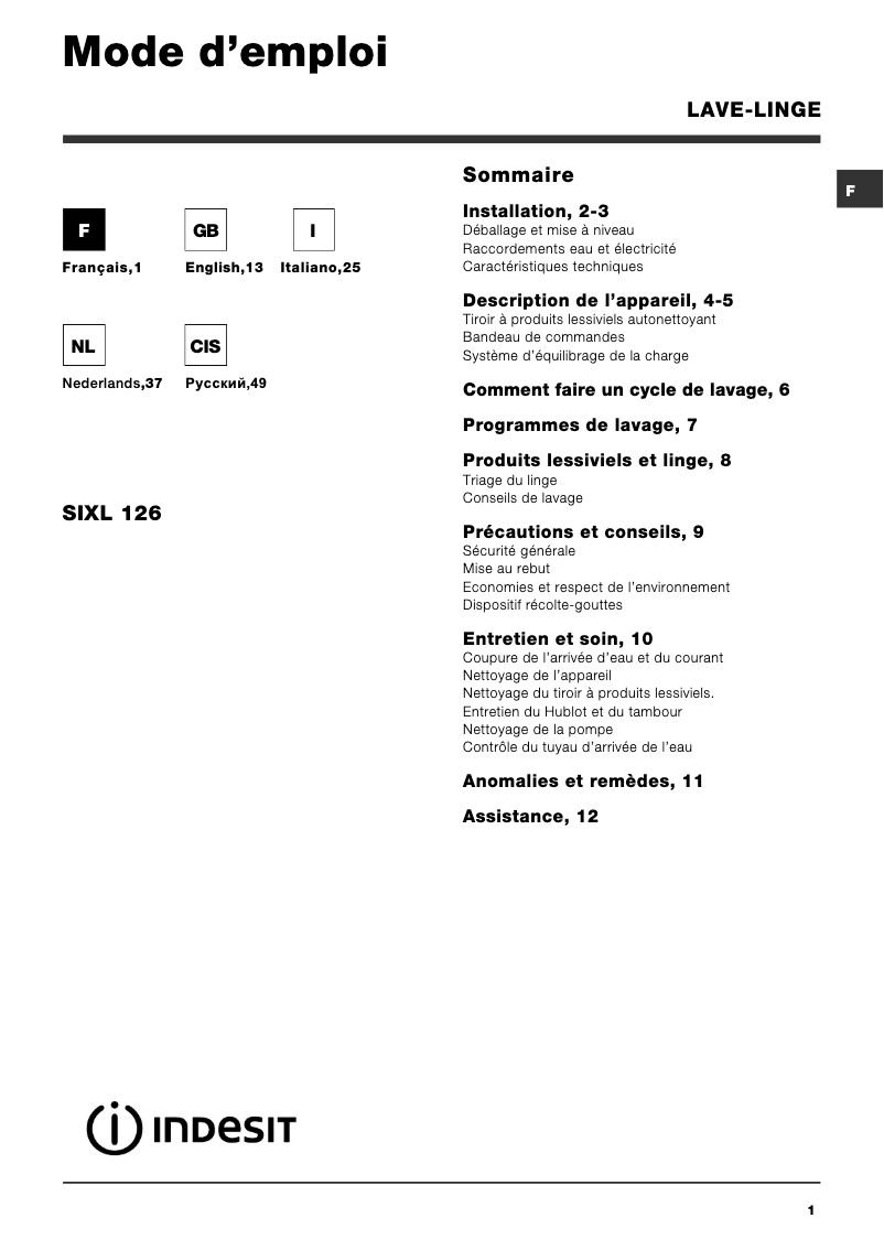 Page n°1 - Manuel utilisateur Indesit Moon Standard SIXL 126