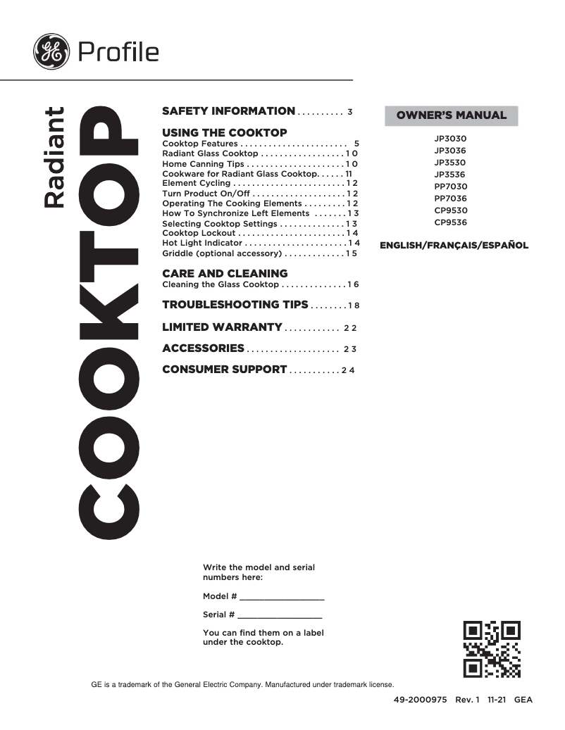 Page 1 de la notice Manuel d'utilisation et d'entretien GE Café CP9536SJSS