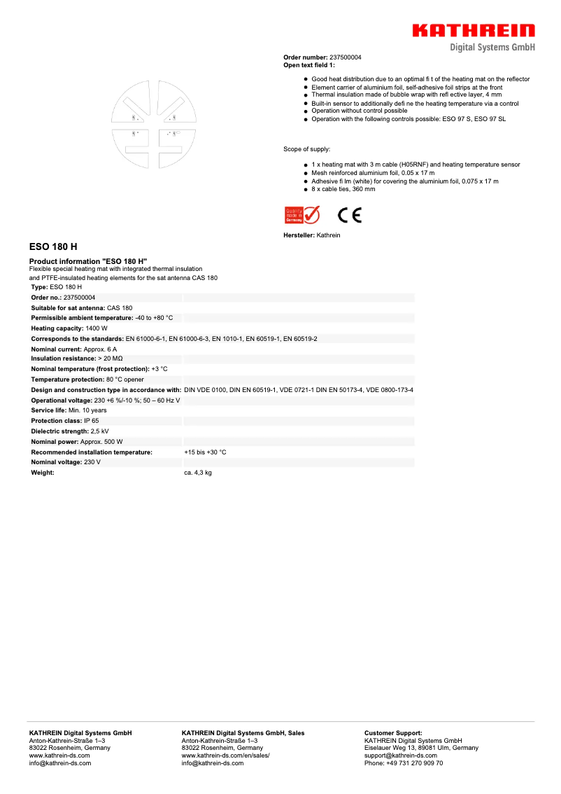 Page 1 de la notice Fiche technique Kathrein ESO 180 H