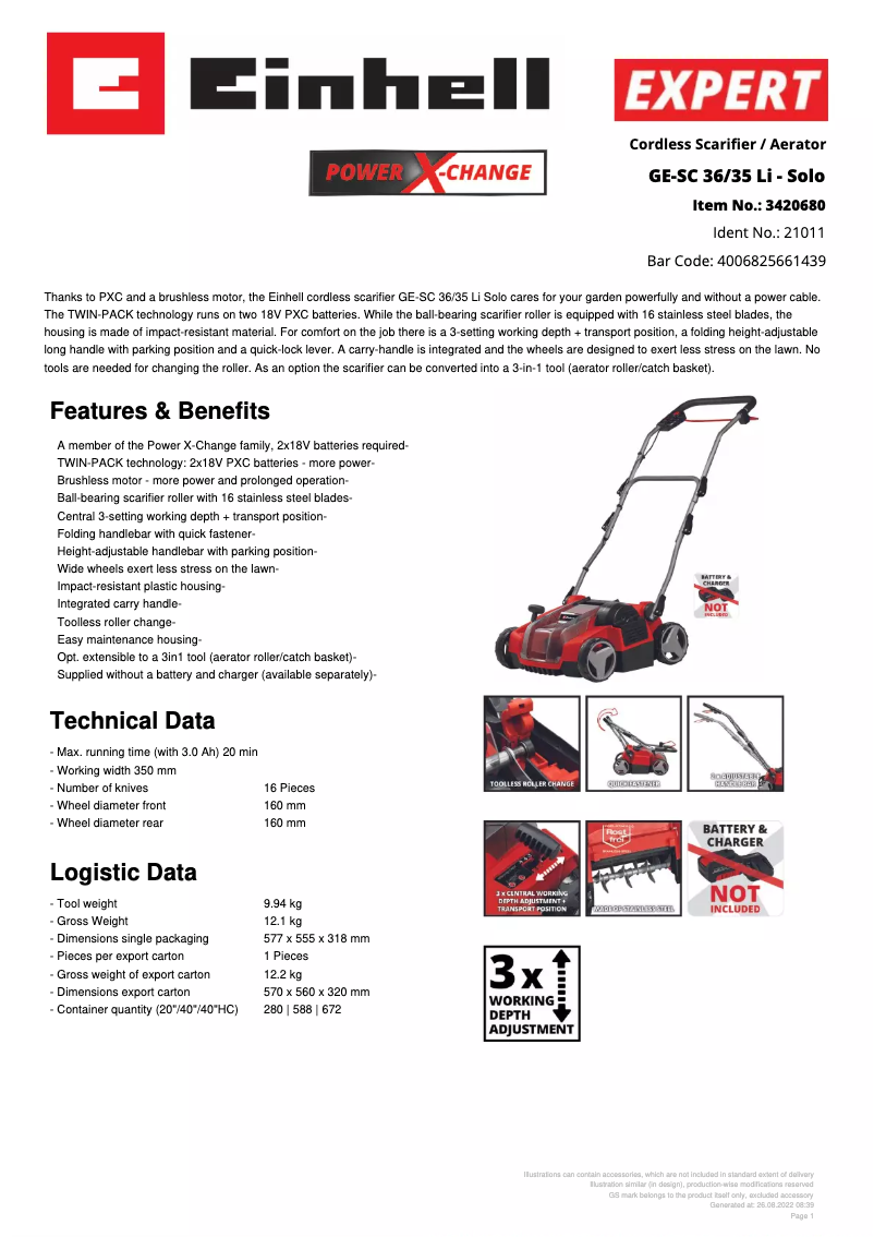 Page n°1 - Fiche technique Einhell GE-SC 36/35 Li