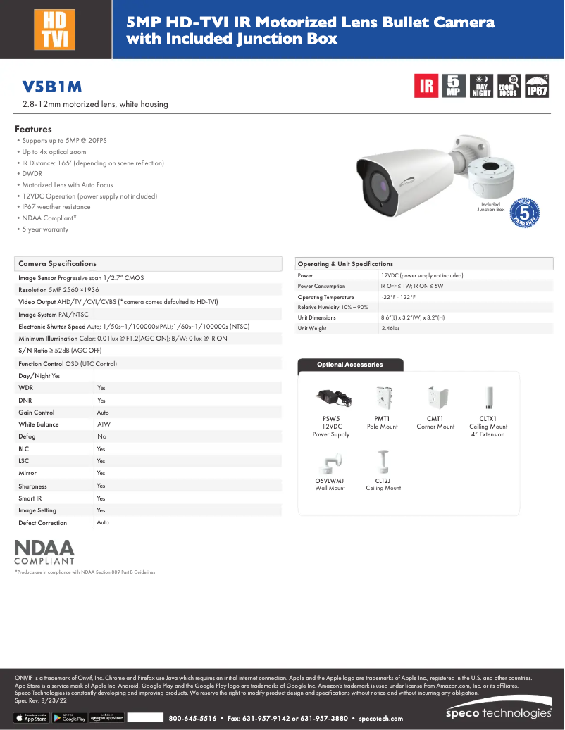 Page 1 de la notice Fiche technique Speco Technologies V5B1M