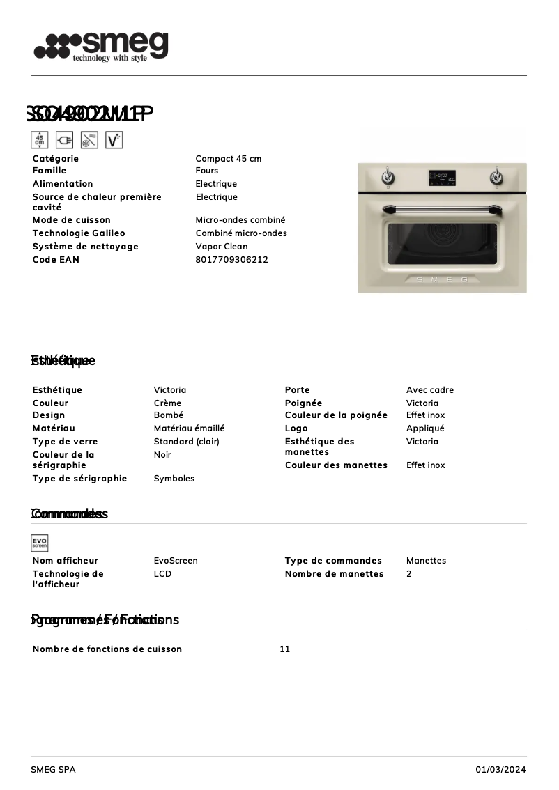 Page 1 de la notice Fiche technique Smeg SO4902M1P