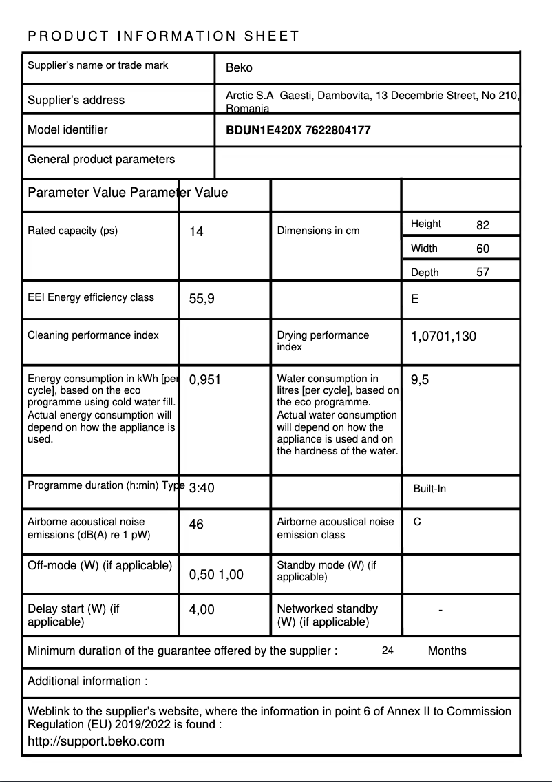 Page 1 de la notice Fiche technique Beko BDUN1E420X