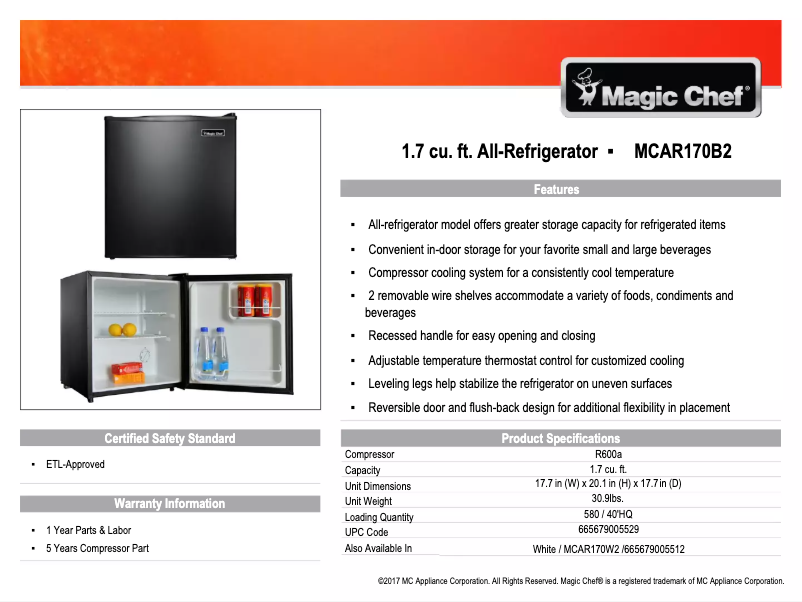 Page 1 de la notice Manuel utilisateur Magic Chef MCAR170