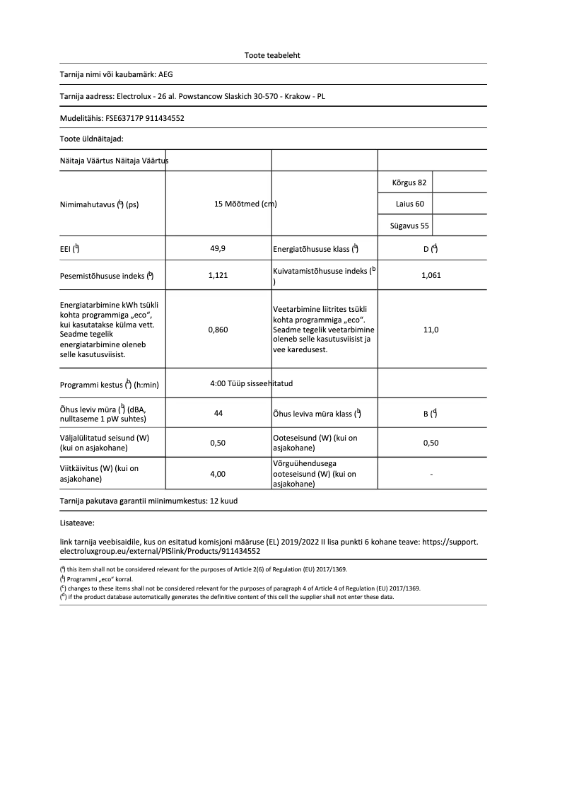 Page n°1 - Fiche technique AEG FSE63717P