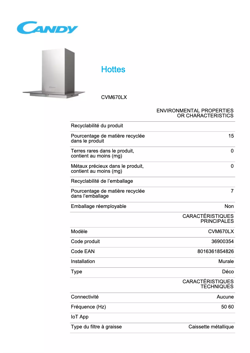 Page 1 de la notice Fiche technique Candy CVM670LX