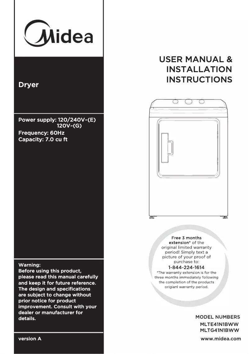 Page 1 de la notice Manuel utilisateur Midea MLTG41N1BWW