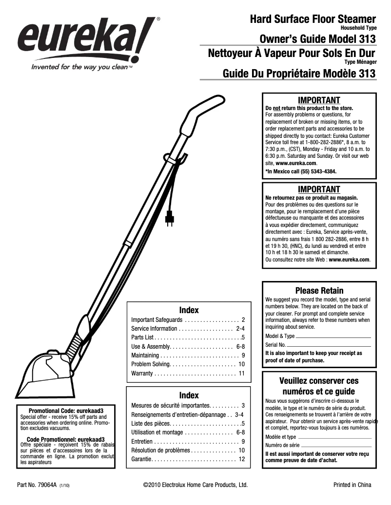 Page n°1 - Manuel utilisateur Electrolux Enviro Steamer 313A