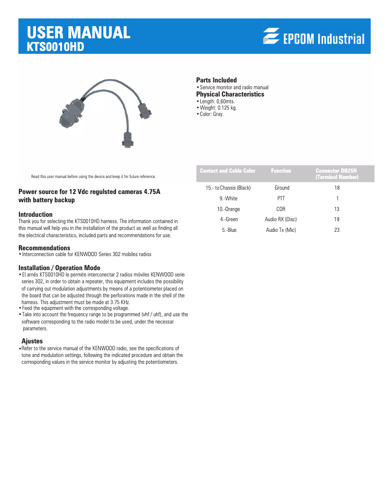 Page 1 de la notice Manuel utilisateur Epcom KTS-0010-HD