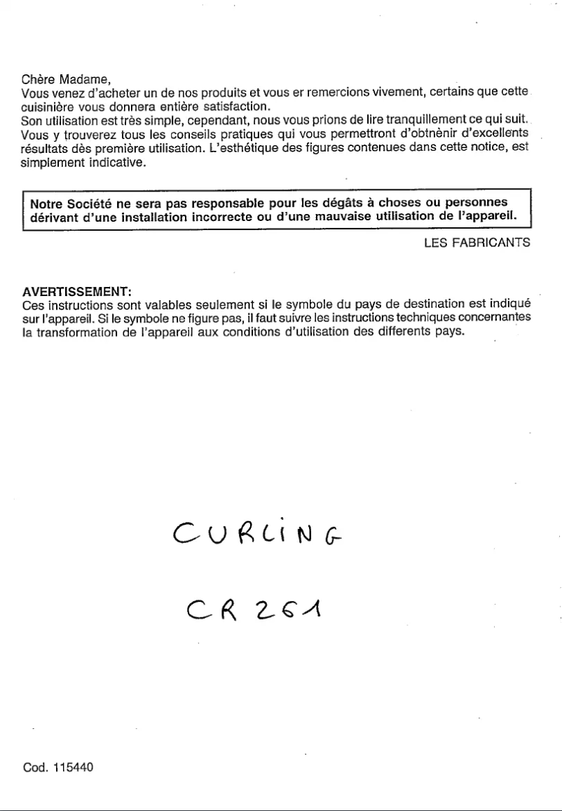 Page 1 de la notice Manuel utilisateur Curling CR 260 A