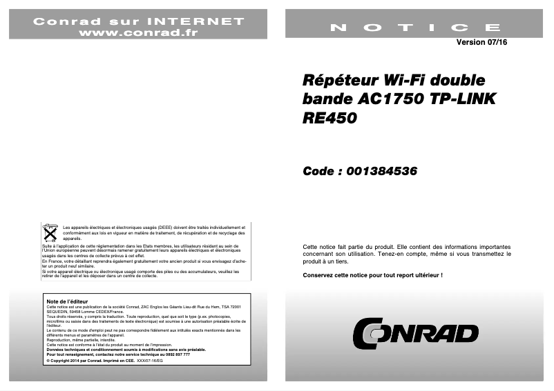 Page 1 de la notice Manuel utilisateur TP-Link RE450