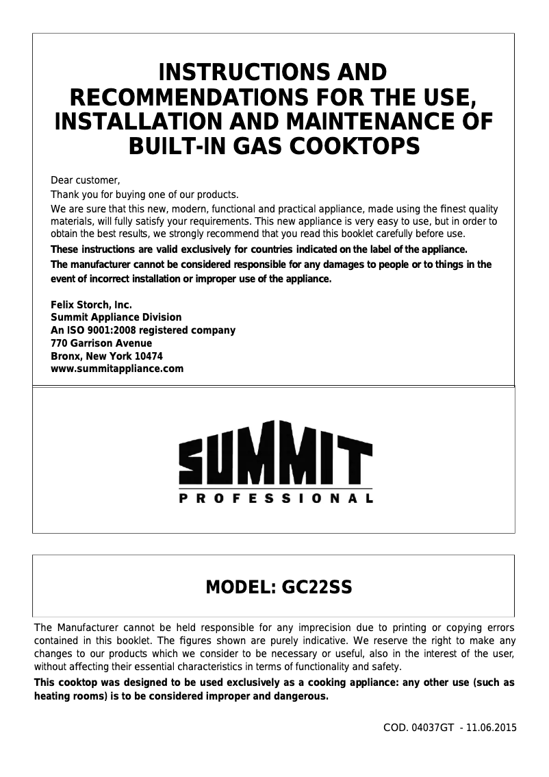 Page 1 de la notice Manuel utilisateur Summit GC22SS