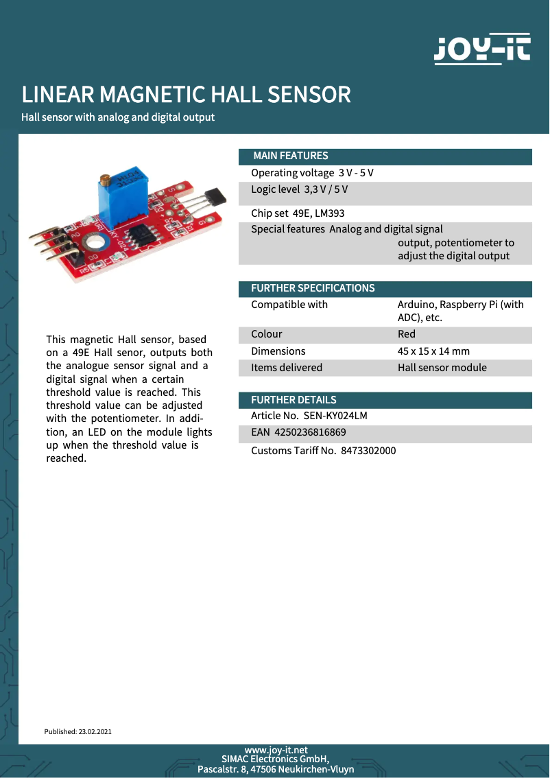 Page 1 de la notice Fiche technique Joy-It SEN-KY024LM