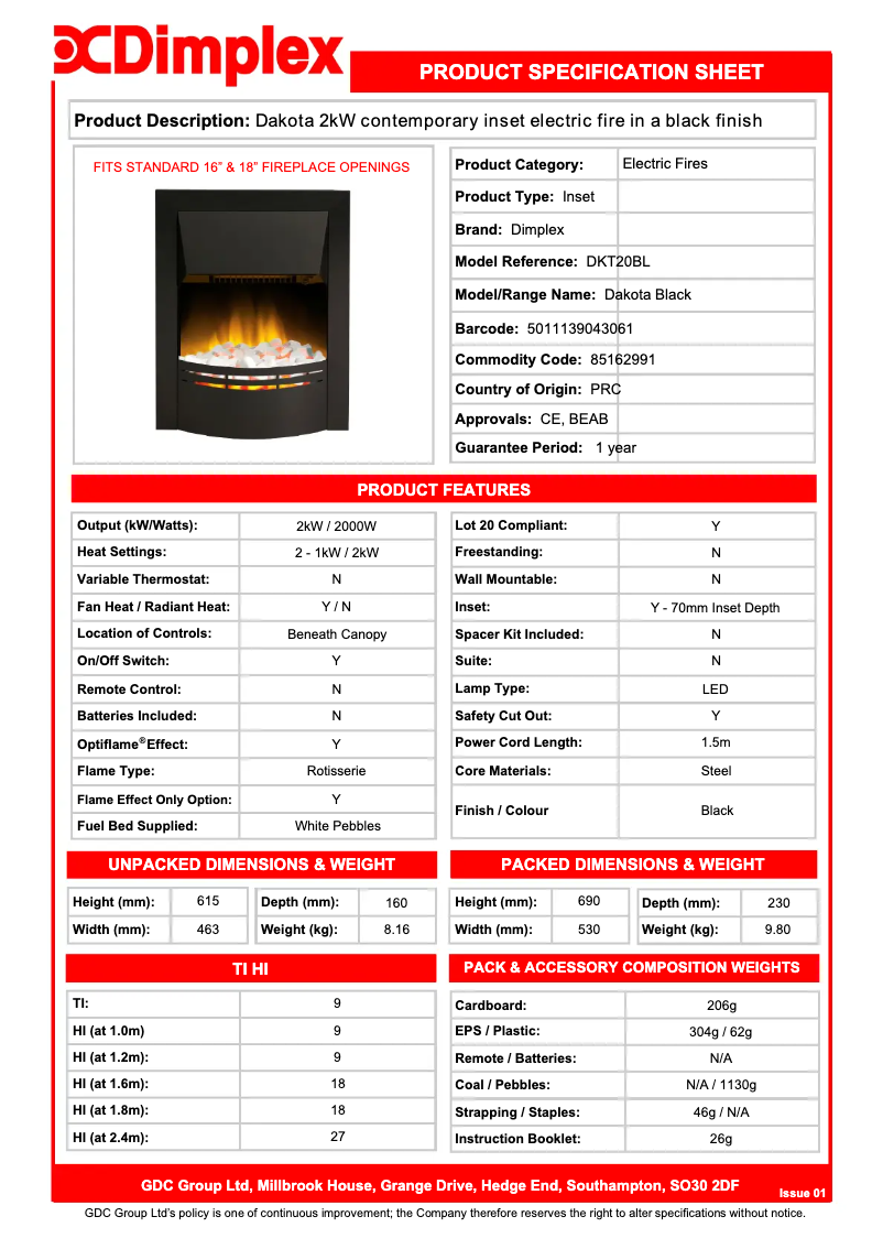 Page 1 de la notice Fiche technique Dimplex DKT20BL