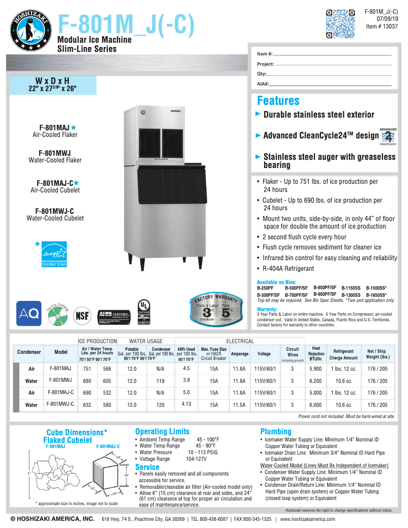 Page n°1 - Fiche technique Hoshizaki F-801MAH