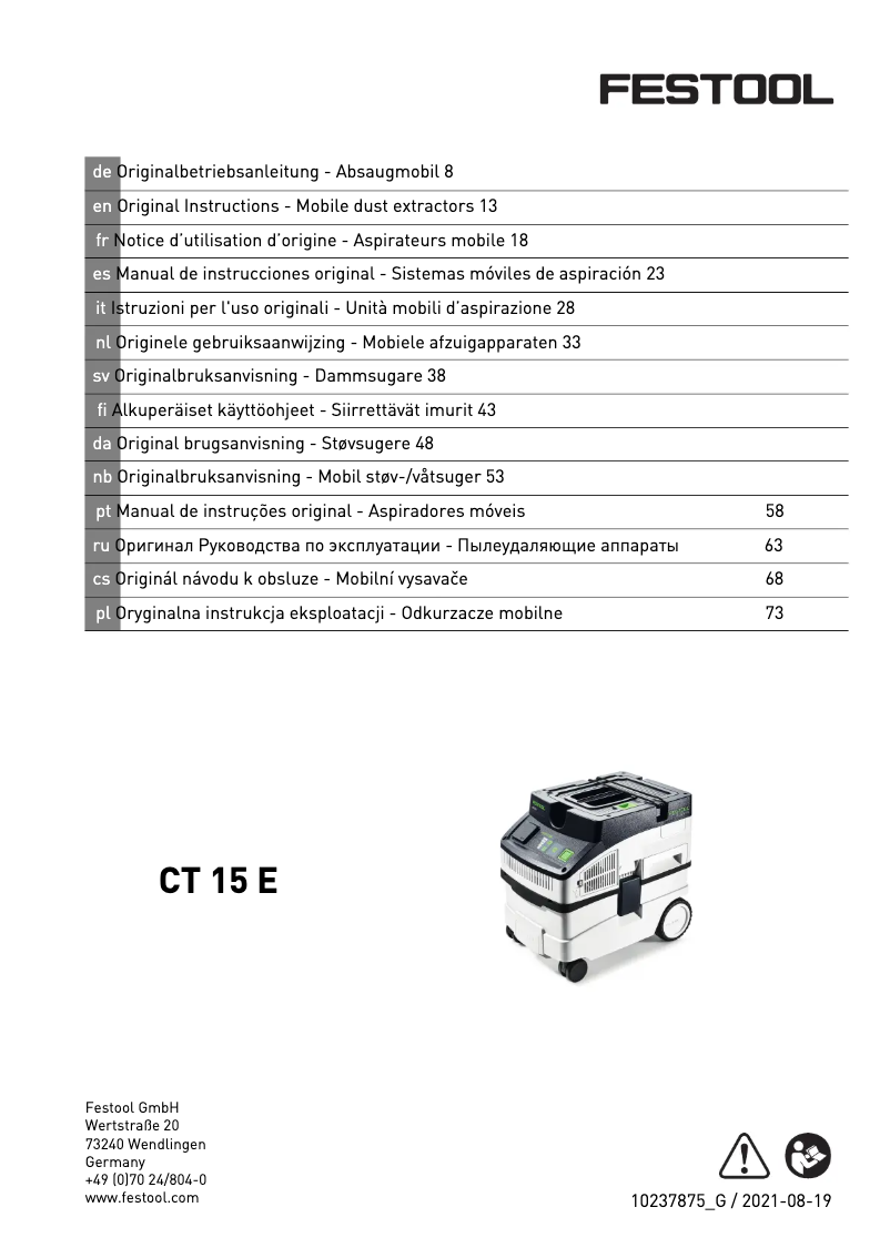 Page n°1 - Manuel utilisateur Festool Cleantec CT 15