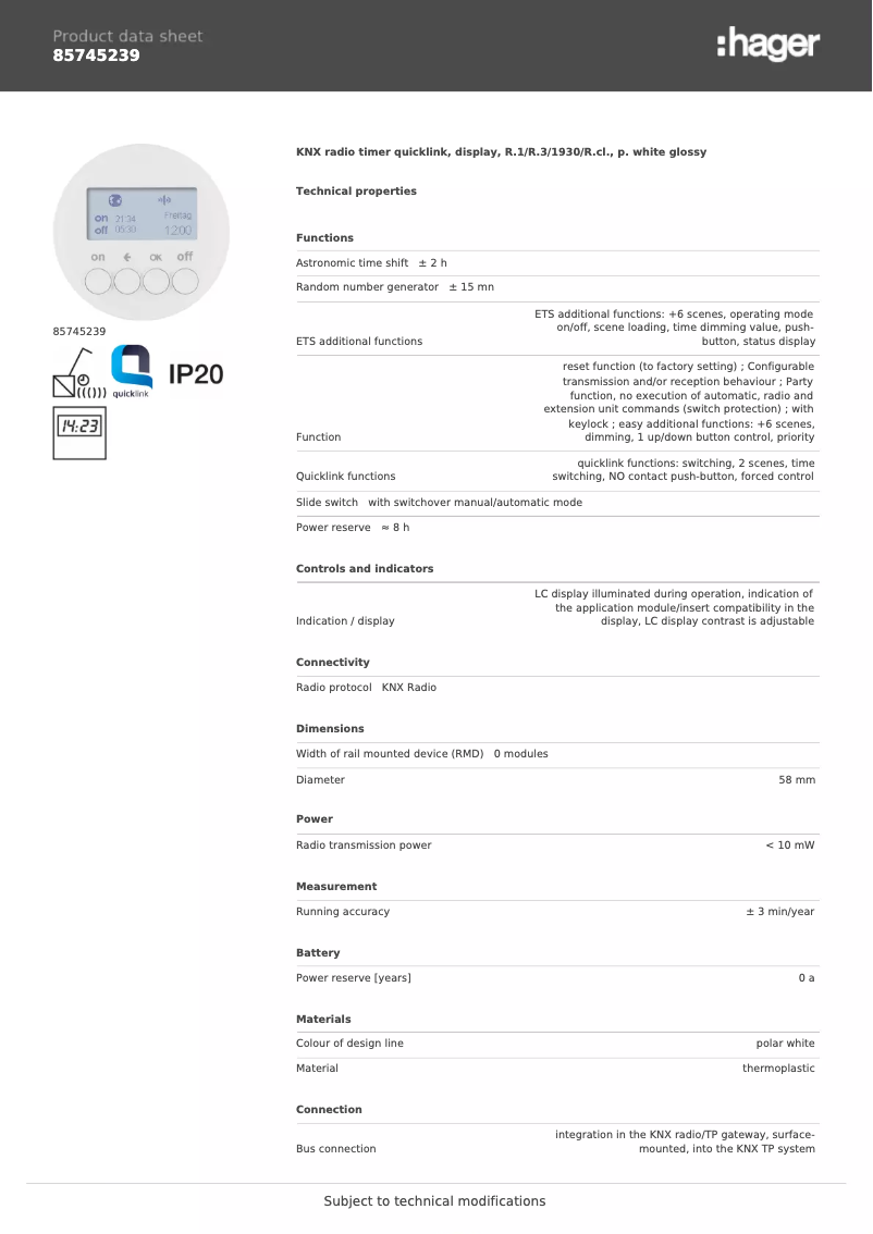 Page 1 de la notice Fiche technique Hager 85745239