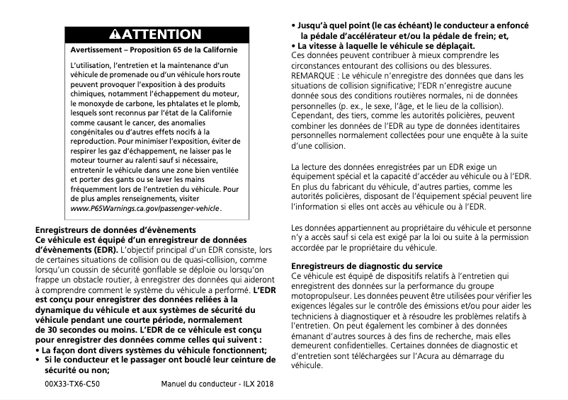Page n°1 - Manuel utilisateur Acura ILX (2018)