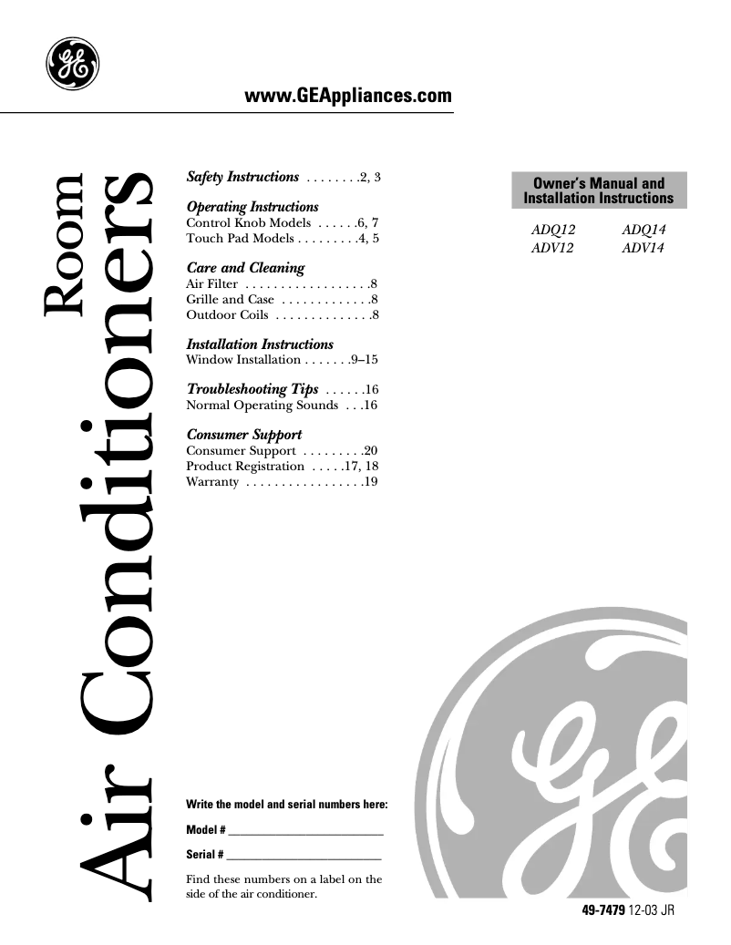 Page 1 de la notice Guide d'installation GE ADQ14AA