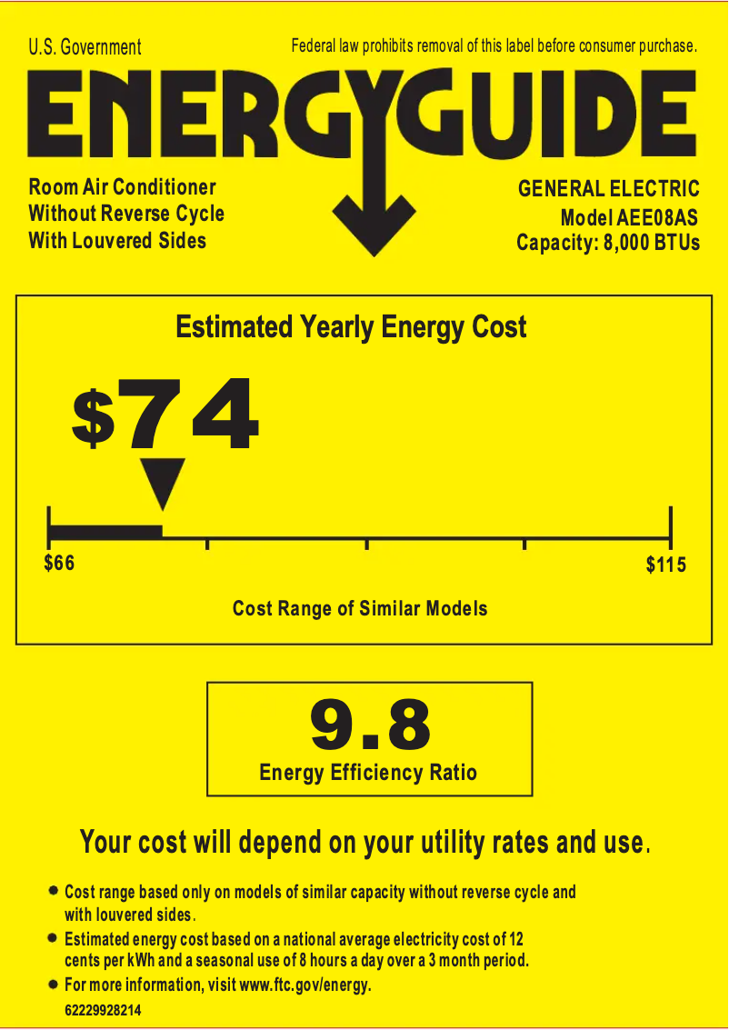 Page 1 de la notice Label énergétique GE AEE08AS