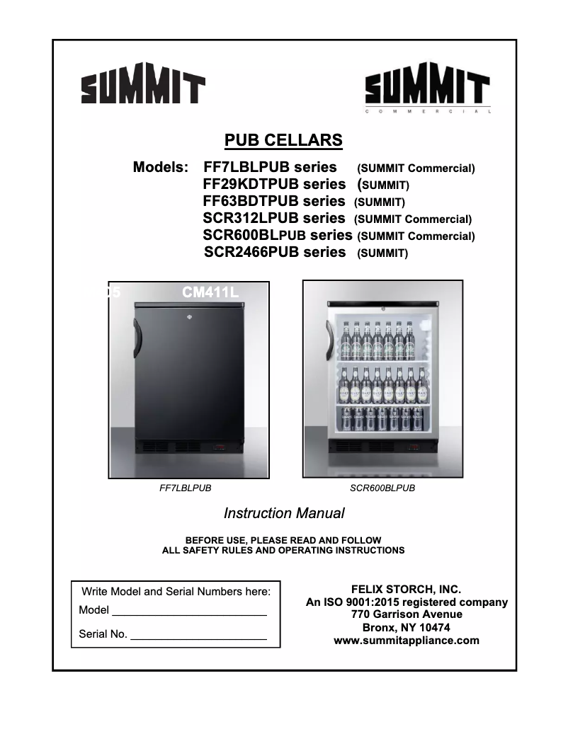 Page n°1 - Guide d'installation Summit FF63BBIDTPUBSSHH