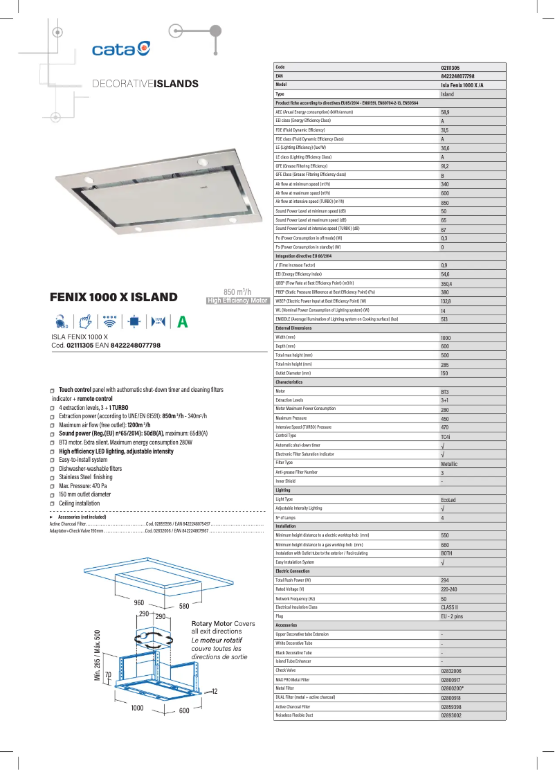 Page 1 de la notice Fiche technique CATA Isla Fenix 1000 X