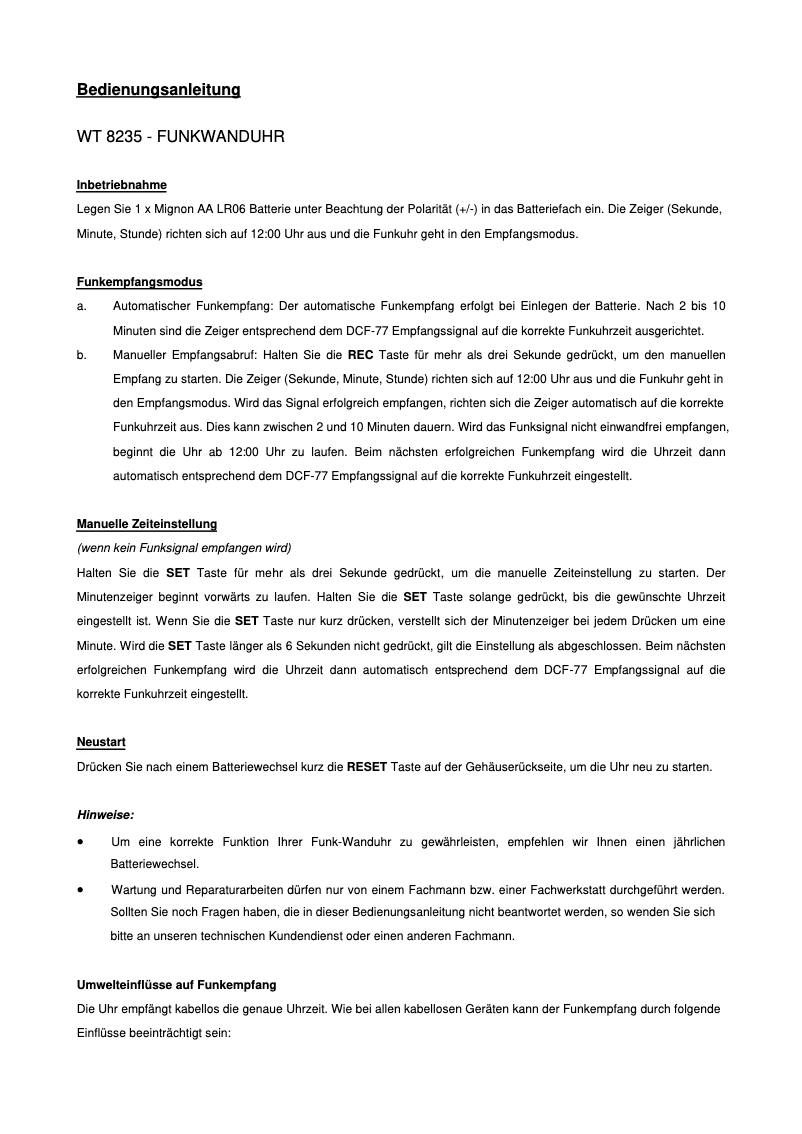 Page n°1 - Manuel utilisateur Techno Line WT 8235