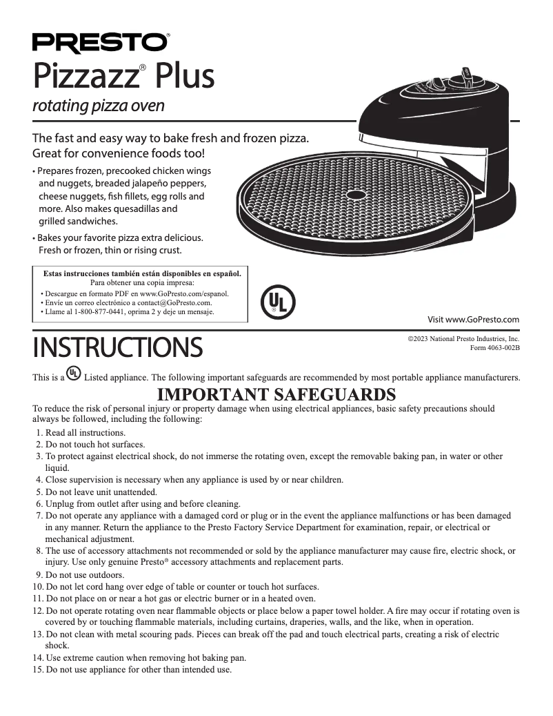 Page 1 de la notice Manuel utilisateur Presto Pizzazz Plus 03434