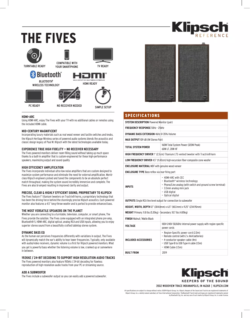 Page 1 de la notice Fiche technique Klipsch The Fives