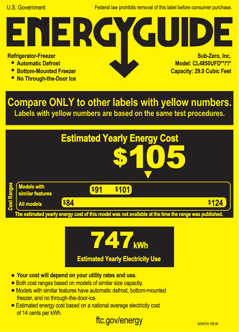 Page 1 de la notice Label énergétique Sub-Zero CL4850UFDIO