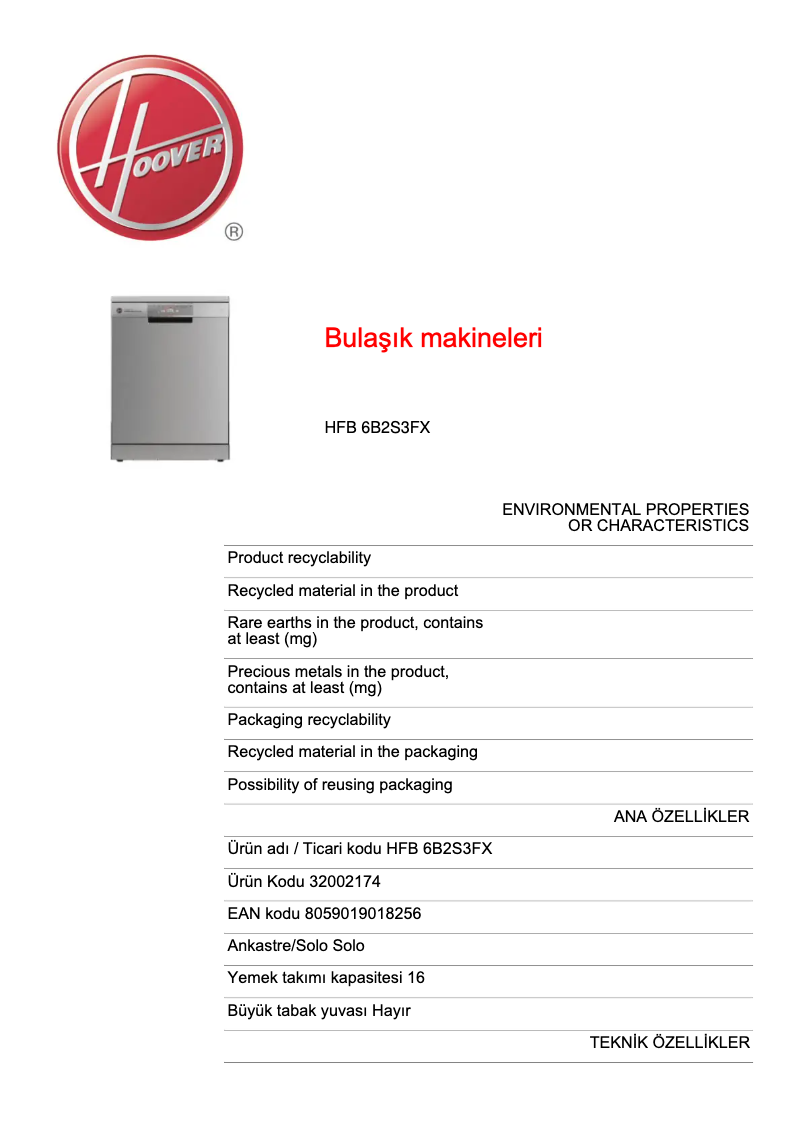 Page 1 de la notice Fiche technique Hoover H-DISH 700 HFB 6B2S3FX