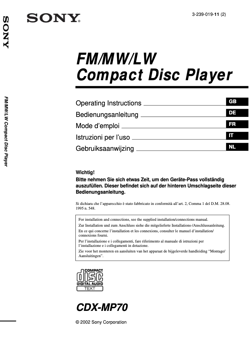 Page 1 de la notice Manuel utilisateur Sony CDX-MP70