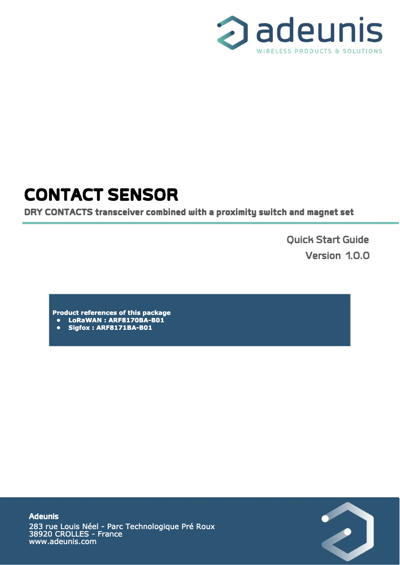 Page 1 de la notice Manuel utilisateur Adeunis ARF8170BA-B01