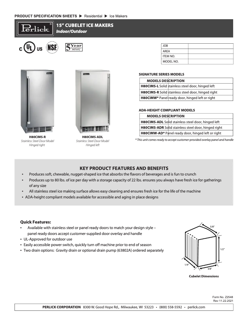 Page 1 de la notice Fiche technique Perlick H80CIMS-ADL