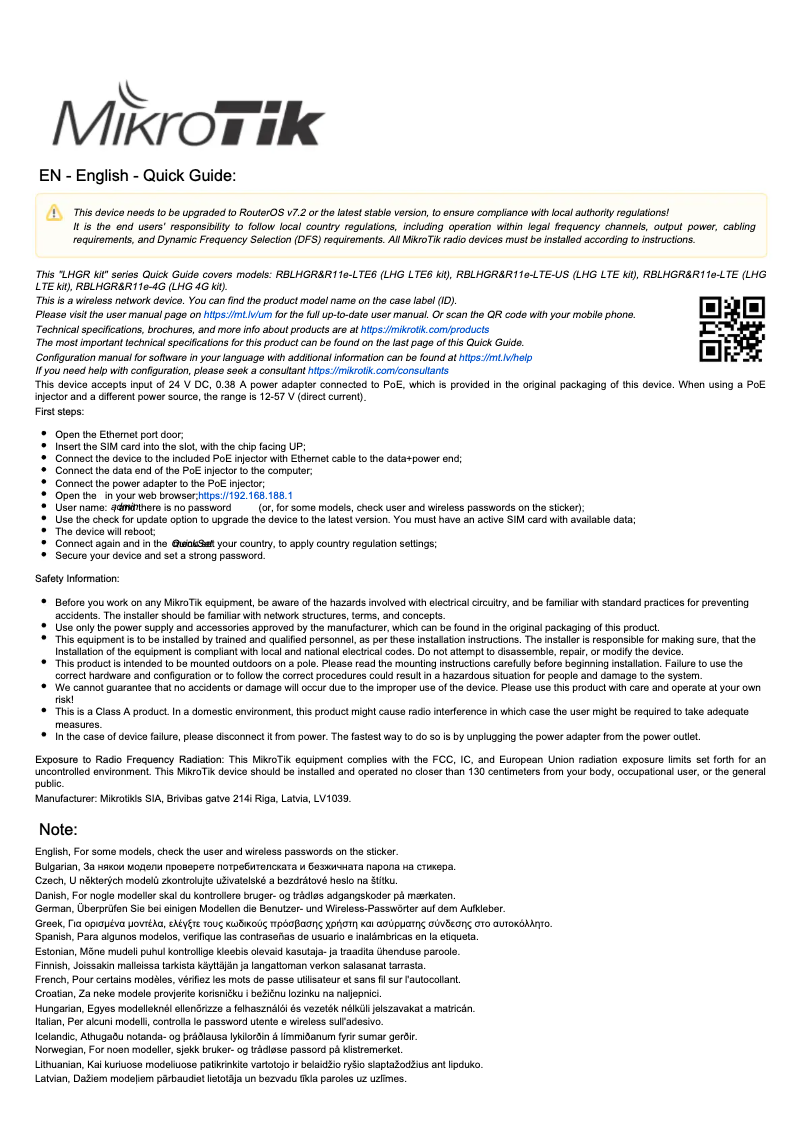 Page 1 de la notice Manuel utilisateur Mikrotik LHG LTE6 kit