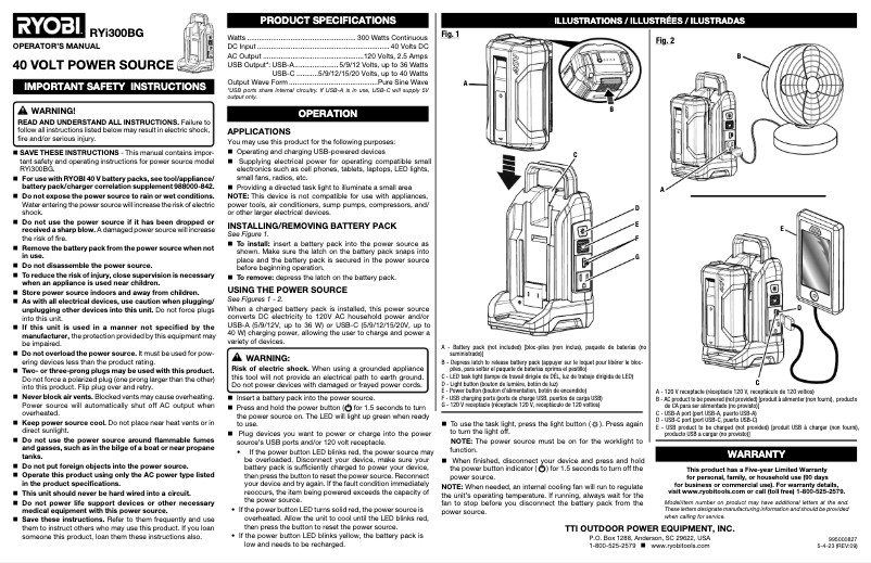 Page 1 de la notice Manuel utilisateur RYOBI RYi300BG