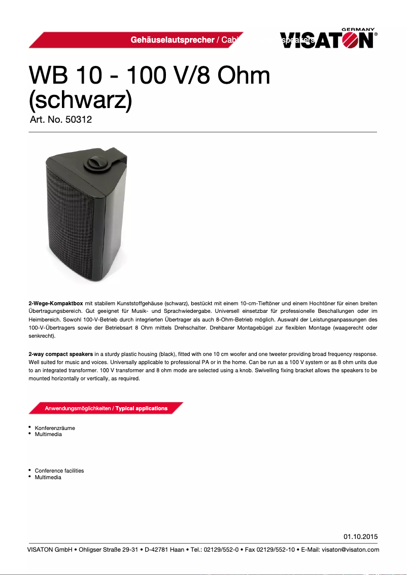 Page 1 de la notice Fiche technique Visaton WB 10