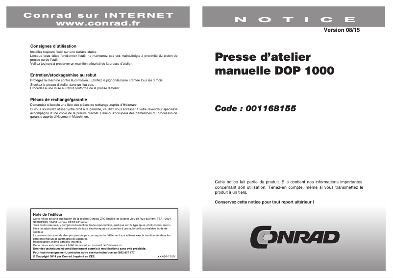 Page 1 de la notice Manuel utilisateur Holzmann DOP1000