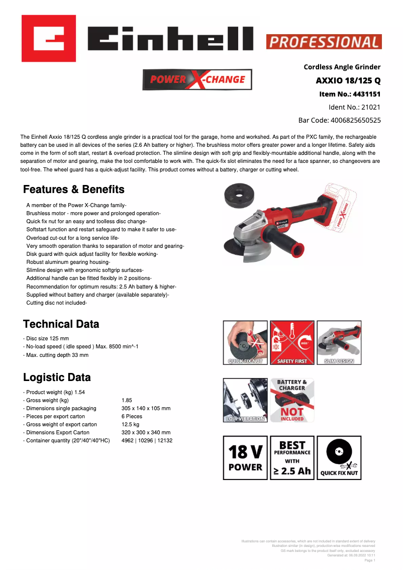 Page 1 de la notice Fiche technique Einhell AXXIO 18/125 Q