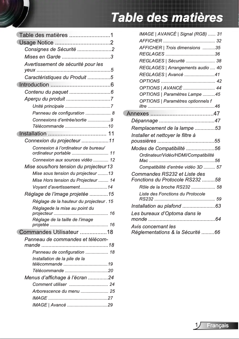 Page 1 de la notice Manuel utilisateur Optoma W300