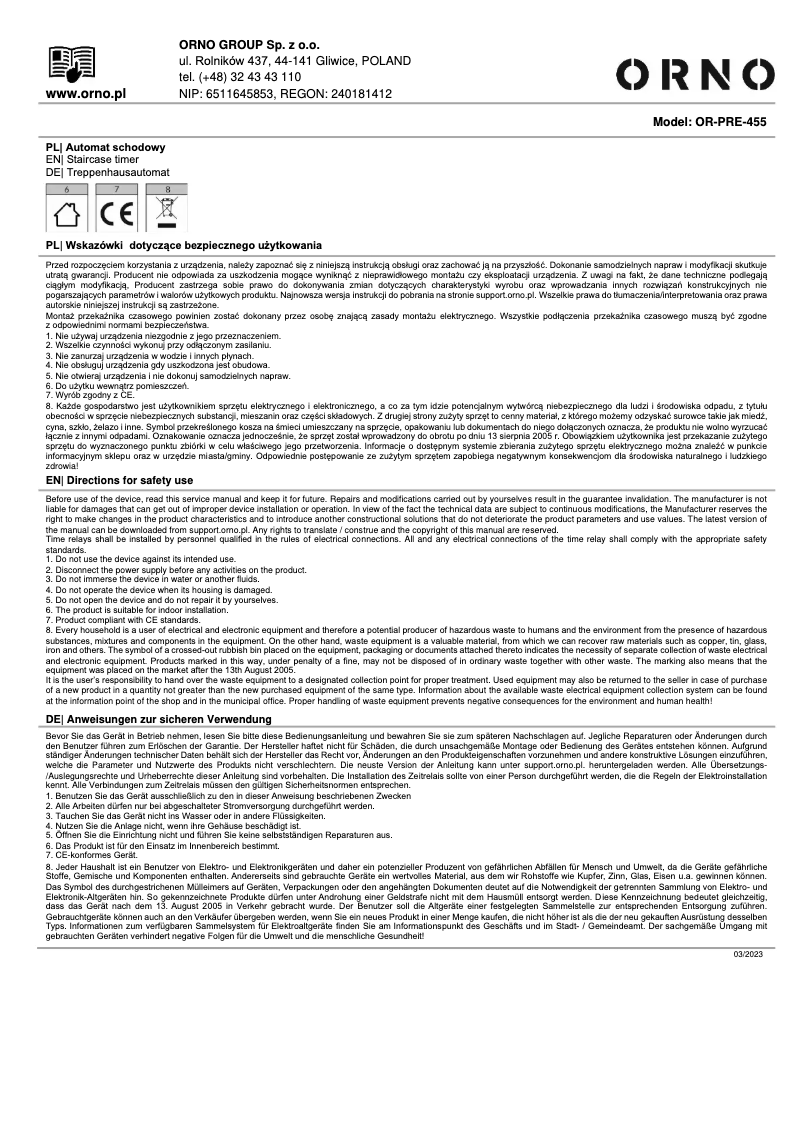 Imagen de la primera página del manual del dispositivo OR-PRE-455