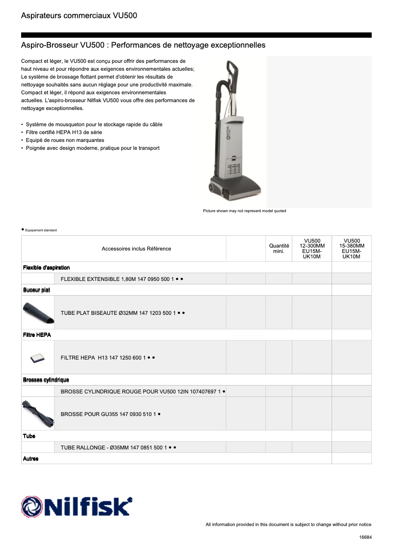 Page 1 de la notice Fiche technique Nilfisk VU500