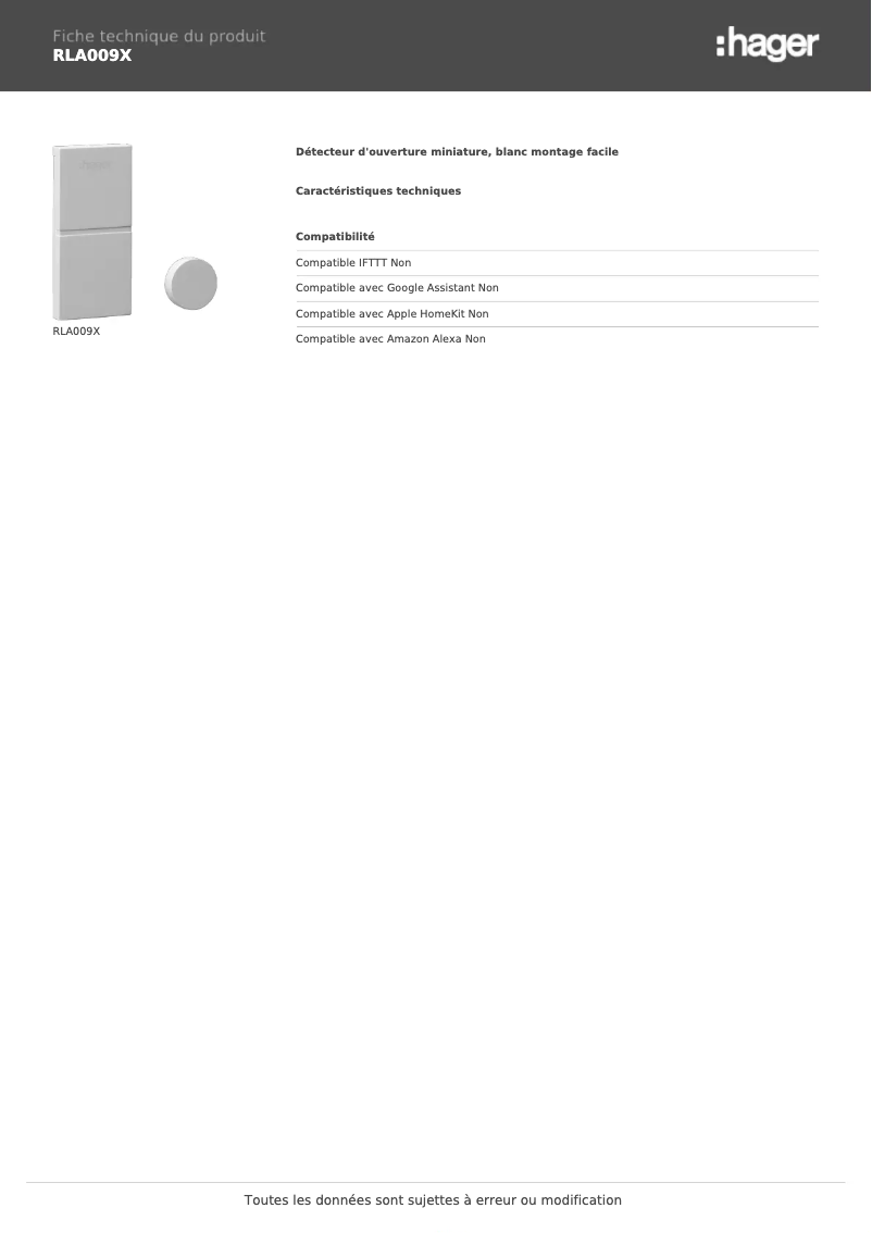 Page 1 de la notice Fiche technique Hager RLA009X