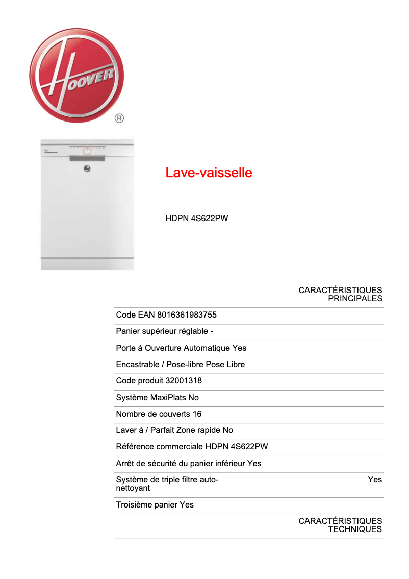 Page n°1 - Fiche technique Hoover HDPN 4S622PW-80